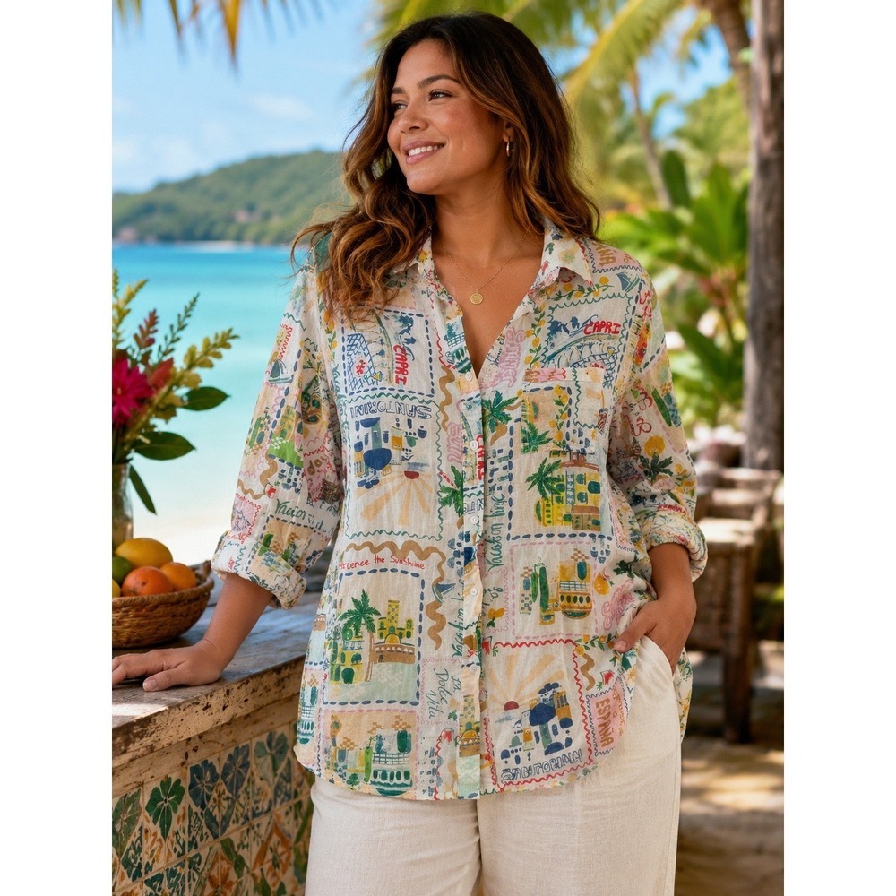 True Destinations Shirt Women L Multicolor Postcard Print Cotton Button Down Top